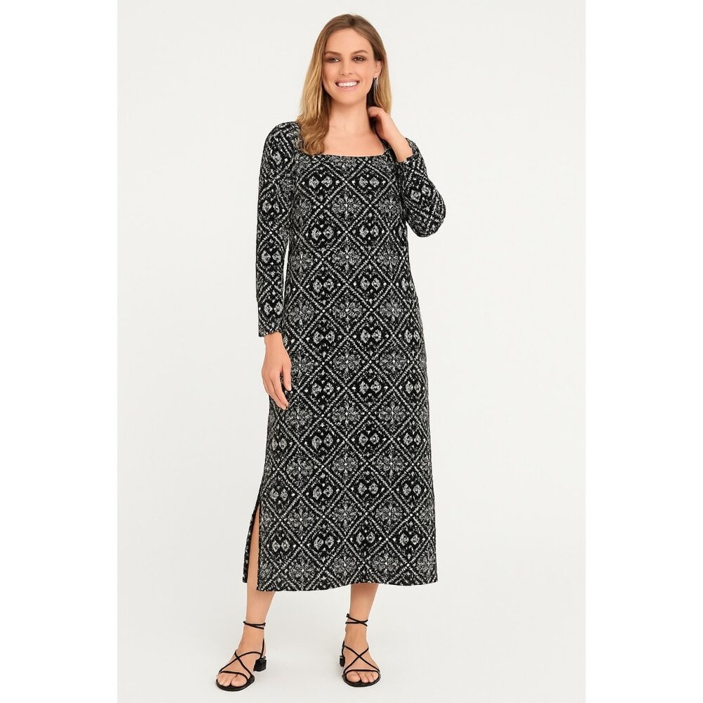 Hyacinth House Square Neck Sabrina Midi Dress size S Small Black and White Geo